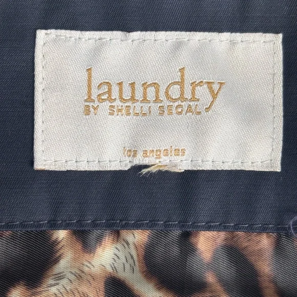 Laundry By Shelli Segal Navy & Tan Colorblock Trench Coat Leopard Lining Small - Picture 2 of 14